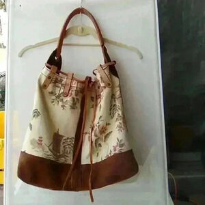 LUCKY BRAND Large Floral Drawstring Tote Handbag Boho Hobo Hippie Canvas Leather